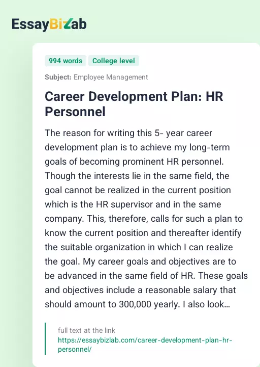 Career Development Plan: HR Personnel - Essay Preview