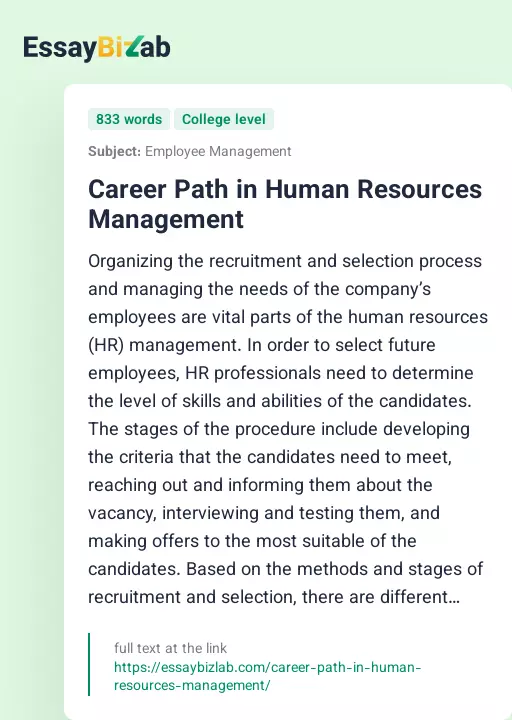 Career Path in Human Resources Management - Essay Preview
