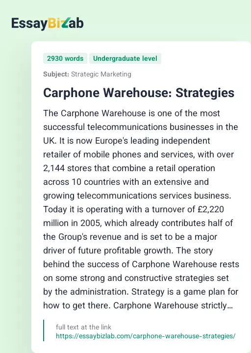 Carphone Warehouse: Strategies - Essay Preview