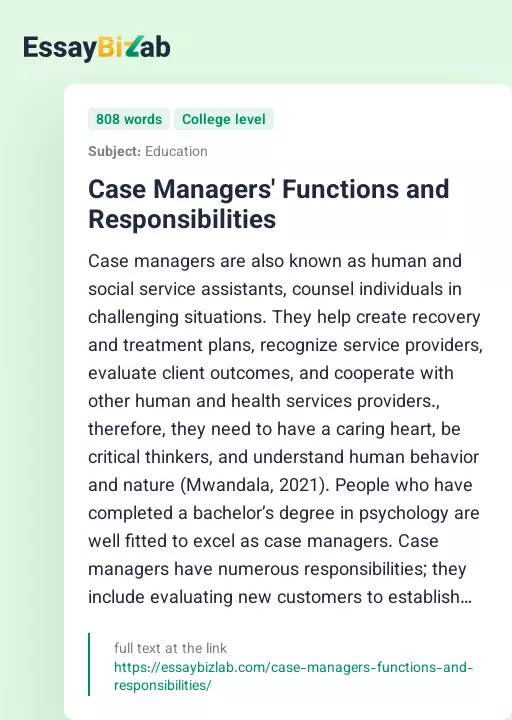 Case Managers' Functions and Responsibilities - Essay Preview