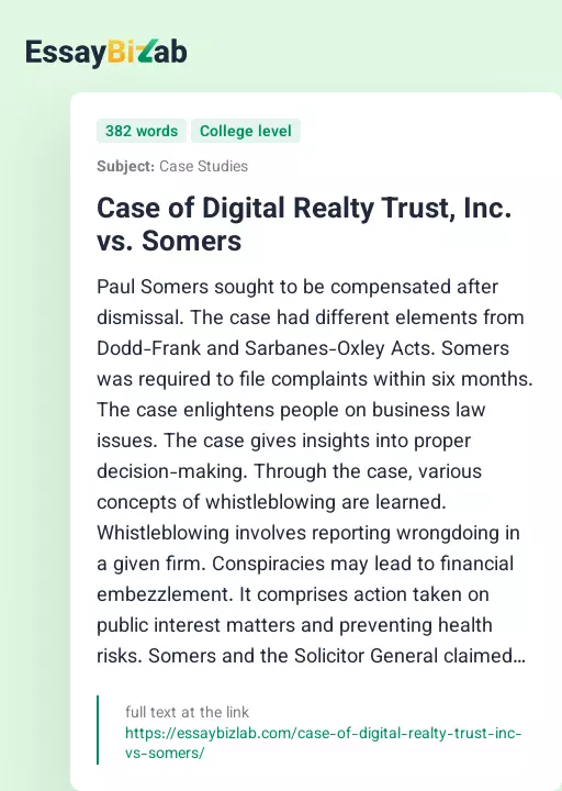 Case of Digital Realty Trust, Inc. vs. Somers - Essay Preview