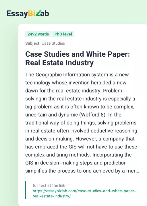 Case Studies and White Paper: Real Estate Industry - Essay Preview