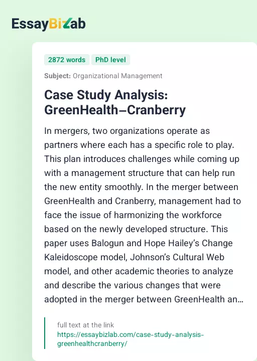 Case Study Analysis: GreenHealth–Cranberry - Essay Preview