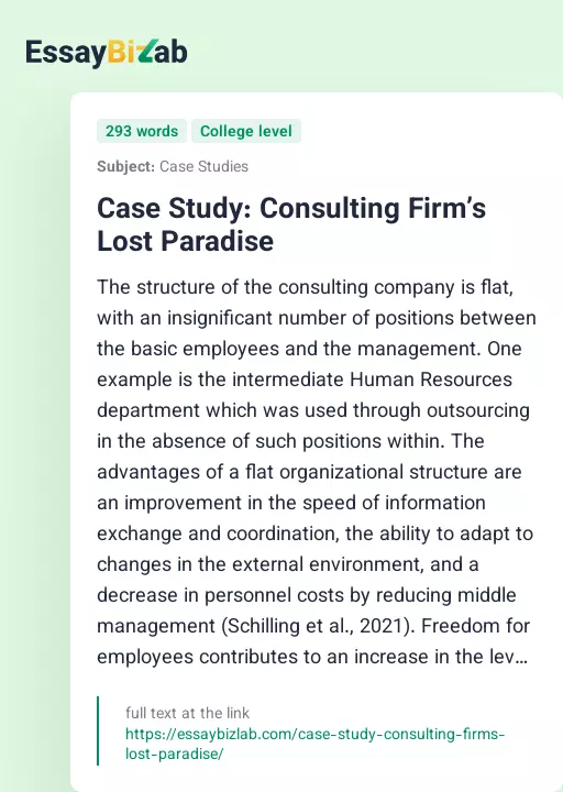 Case Study: Consulting Firm’s Lost Paradise - Essay Preview