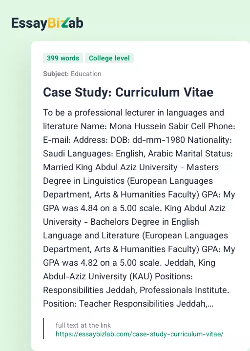 Case Study: Curriculum Vitae - Essay Preview