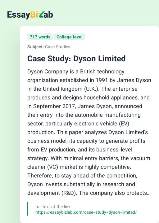 Case Study: Dyson Limited - Essay Preview