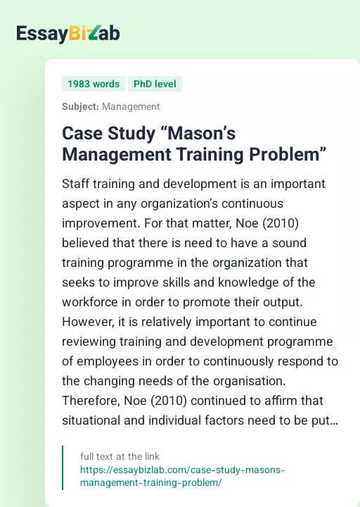 Case Study “Mason’s Management Training Problem” - Essay Preview