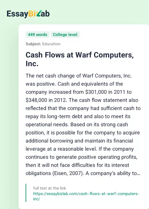 Cash Flows at Warf Computers, Inc. - Essay Preview