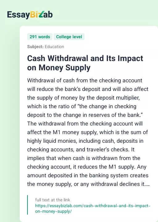 Cash Withdrawal and Its Impact on Money Supply - Essay Preview