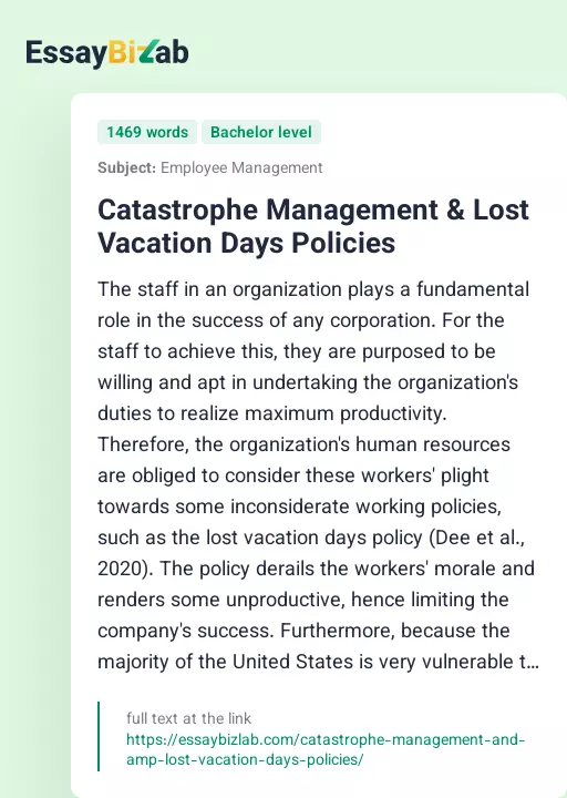 Catastrophe Management & Lost Vacation Days Policies - Essay Preview