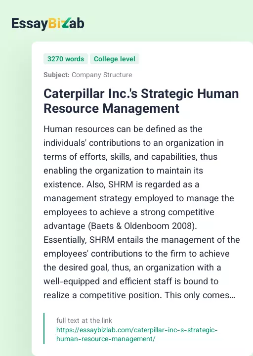Caterpillar Inc.'s Strategic Human Resource Management - Essay Preview
