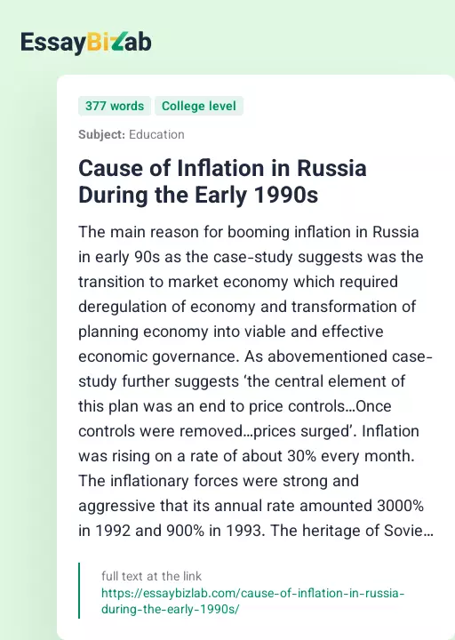 Cause of Inflation in Russia During the Early 1990s - Essay Preview