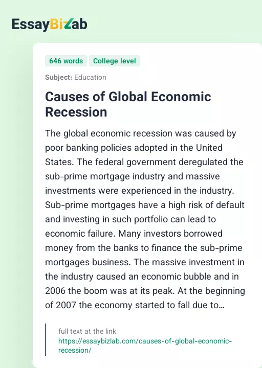 Causes of Global Economic Recession - Essay Preview