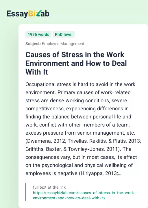 Causes of Stress in the Work Environment and How to Deal With It - Essay Preview