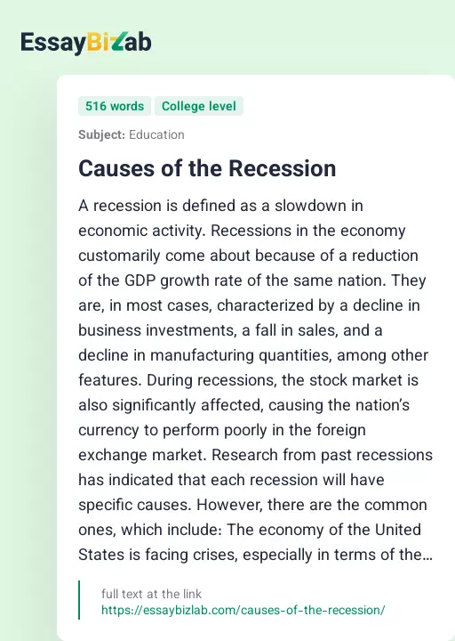 Causes of the Recession - Essay Preview