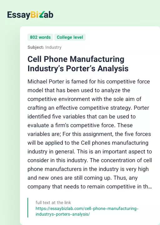 Cell Phone Manufacturing Industry’s Porter’s Analysis - Essay Preview