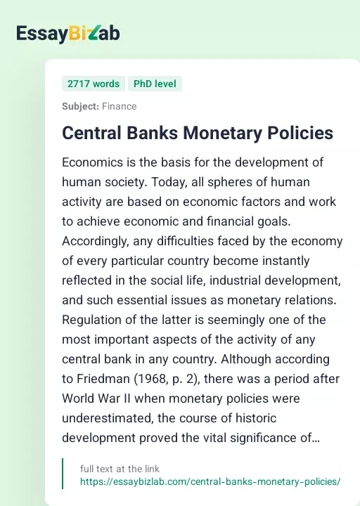 Central Banks Monetary Policies - Essay Preview