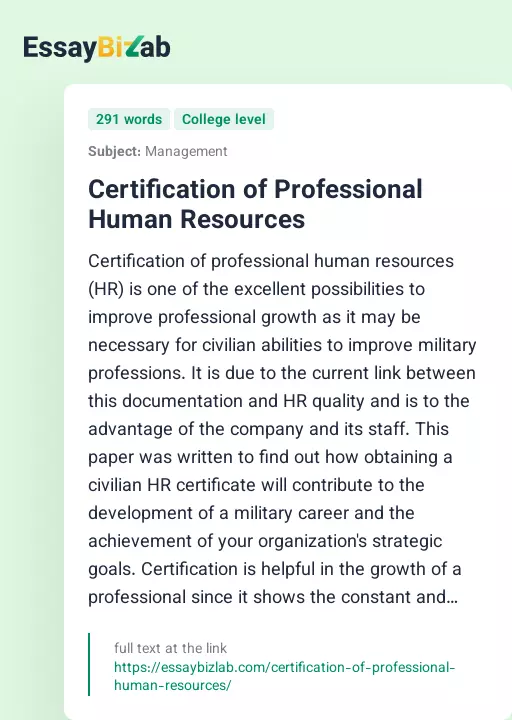 Certification of Professional Human Resources - Essay Preview