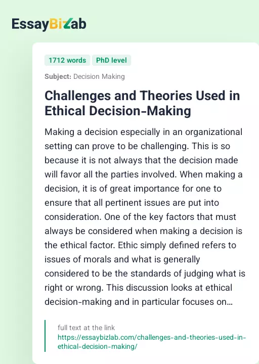 Challenges and Theories Used in Ethical Decision-Making - Essay Preview