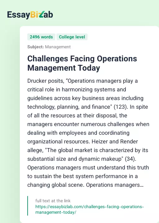 Challenges Facing Operations Management Today - Essay Preview