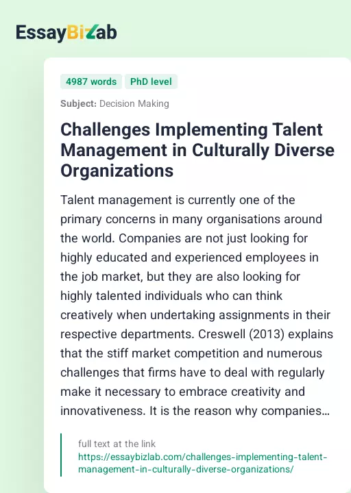 Challenges Implementing Talent Management in Culturally Diverse Organizations - Essay Preview