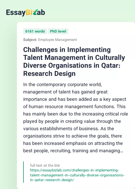 Challenges in Implementing Talent Management in Culturally Diverse Organisations in Qatar: Research Design - Essay Preview