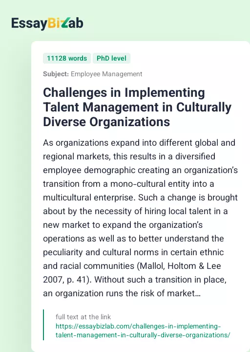 Challenges in Implementing Talent Management in Culturally Diverse Organizations - Essay Preview