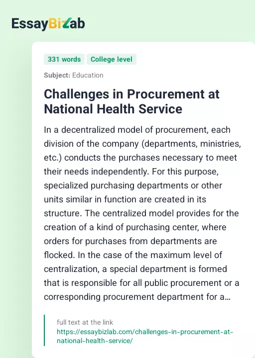 Challenges in Procurement at National Health Service - Essay Preview