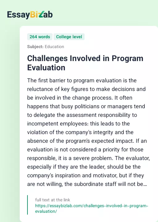 Challenges Involved in Program Evaluation - Essay Preview