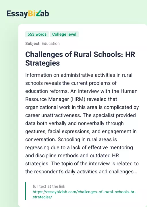 Challenges of Rural Schools: HR Strategies - Essay Preview