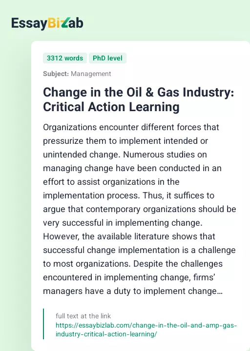 Change in the Oil & Gas Industry: Critical Action Learning - Essay Preview