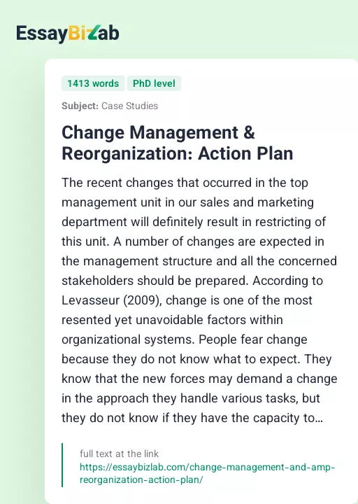 Change Management & Reorganization: Action Plan - Essay Preview