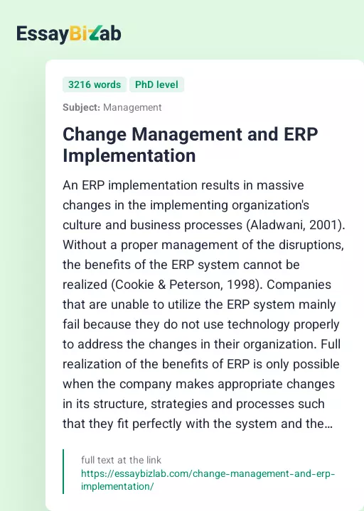 Change Management and ERP Implementation - Essay Preview