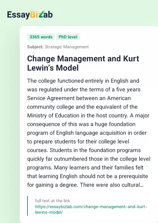 Change Management and Kurt Lewin’s Model - Essay Preview