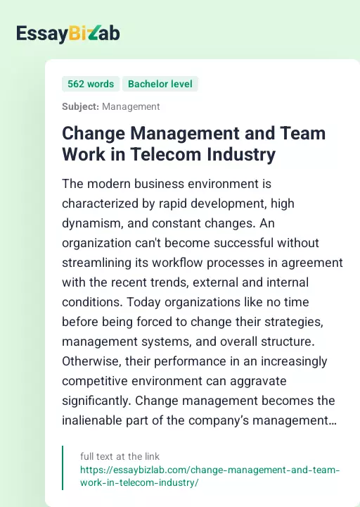 Change Management and Team Work in Telecom Industry - Essay Preview