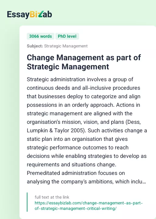 Change Management as part of Strategic Management - Essay Preview