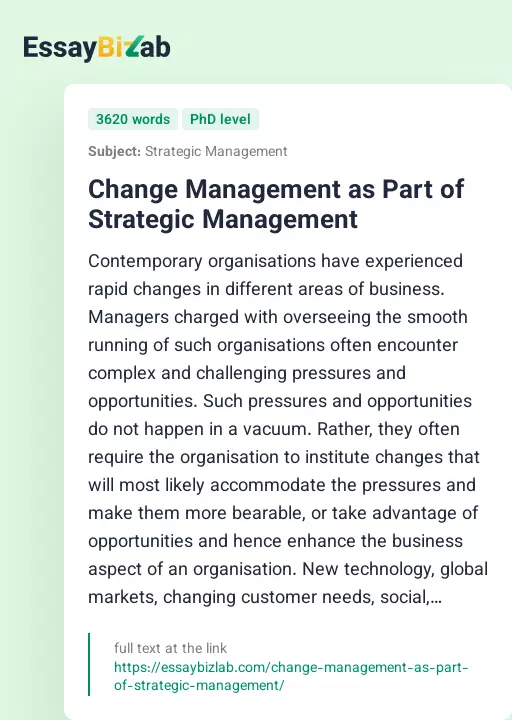 Change Management as Part of Strategic Management - Essay Preview