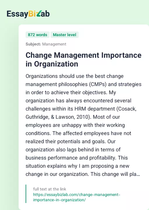 Change Management Importance in Organization - Essay Preview