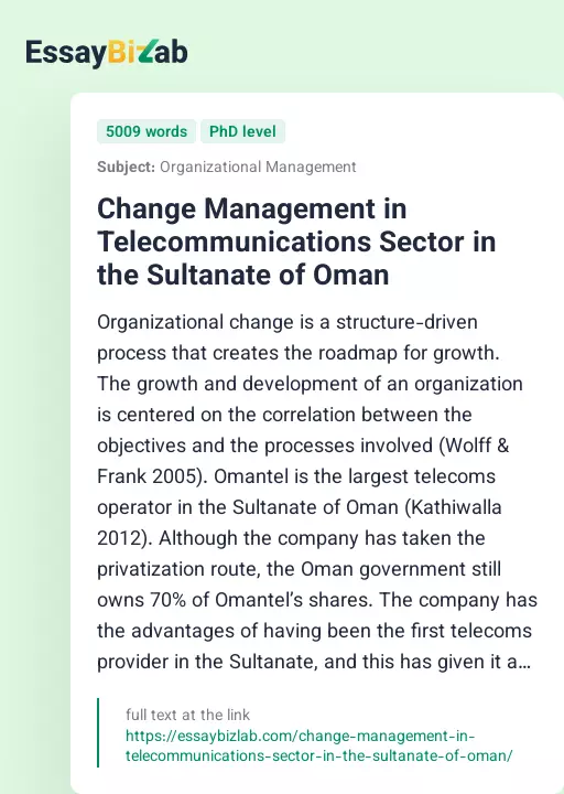 Change Management in Telecommunications Sector in the Sultanate of Oman - Essay Preview