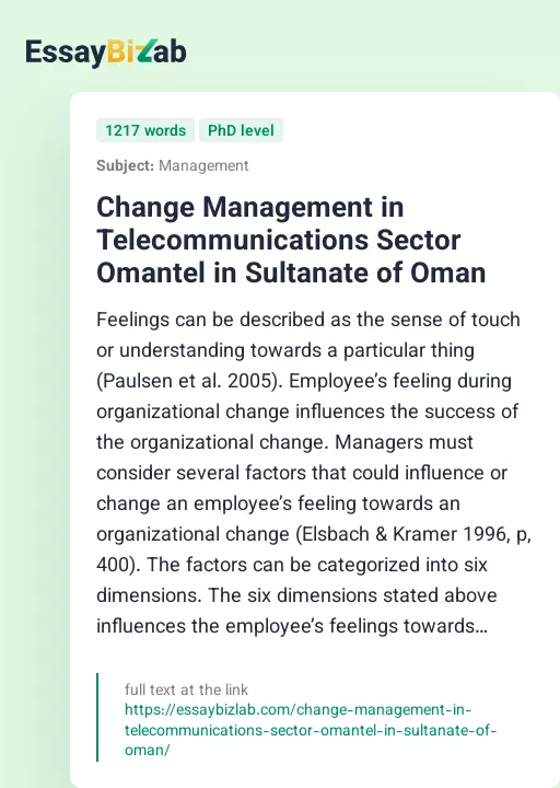 Change Management in Telecommunications Sector Omantel in Sultanate of Oman - Essay Preview