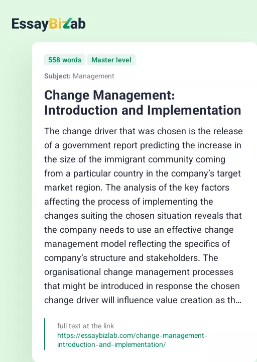 Change Management: Introduction and Implementation - Essay Preview