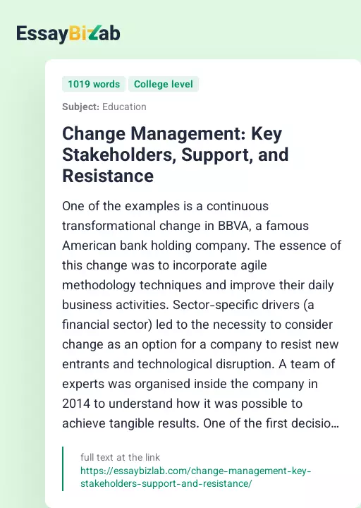 Change Management: Key Stakeholders, Support, and Resistance - Essay Preview