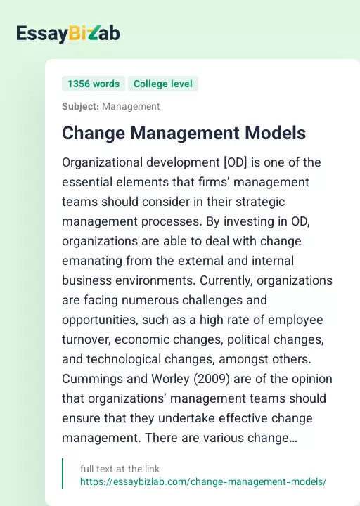 Change Management Models - Essay Preview
