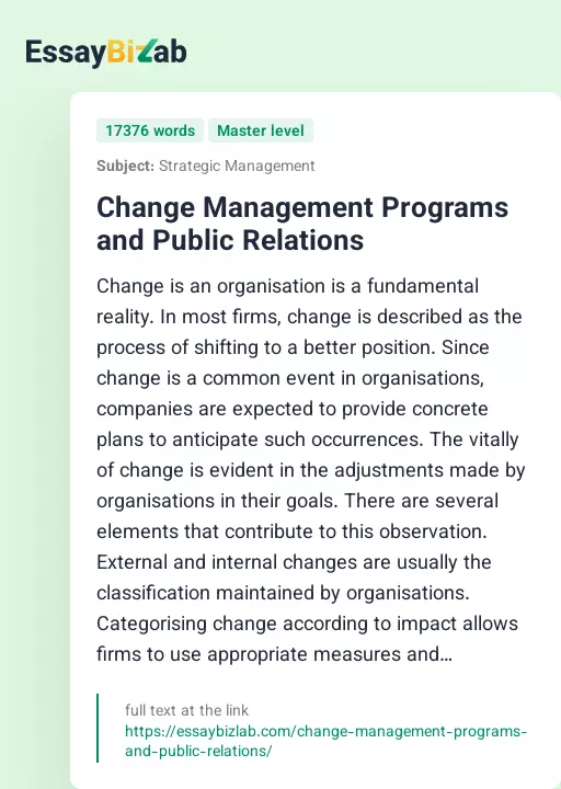Change Management Programs and Public Relations - Essay Preview