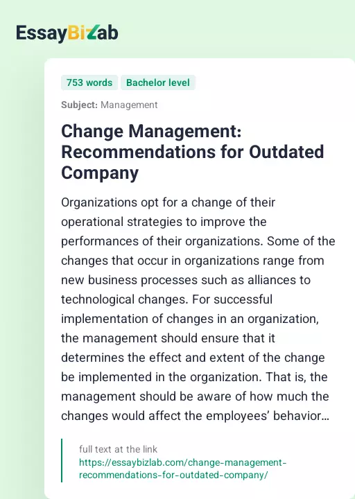 Change Management: Recommendations for Outdated Company - Essay Preview