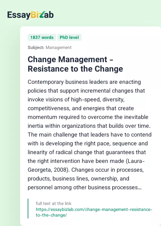Change Management - Resistance to the Change - Essay Preview