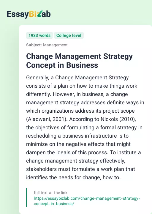 Change Management Strategy Concept in Business - Essay Preview