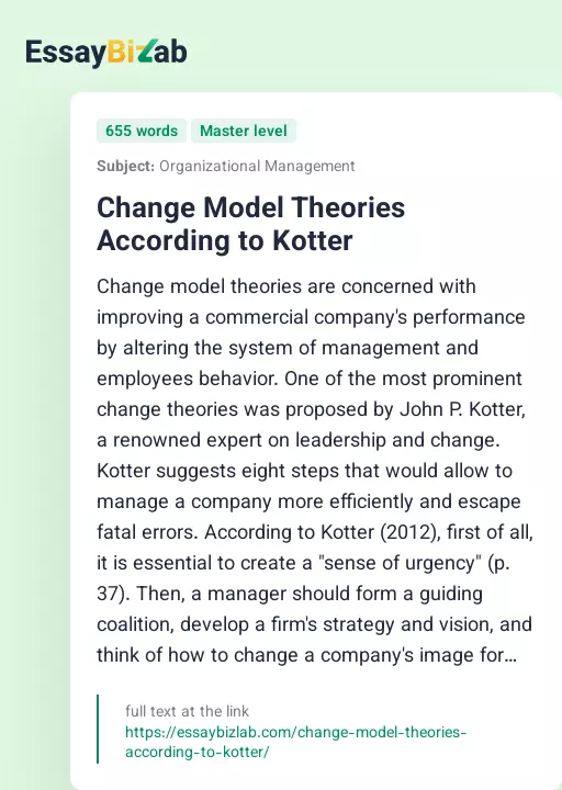 Change Model Theories According to Kotter - Essay Preview