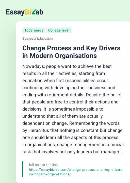 Change Process and Key Drivers in Modern Organisations - Essay Preview