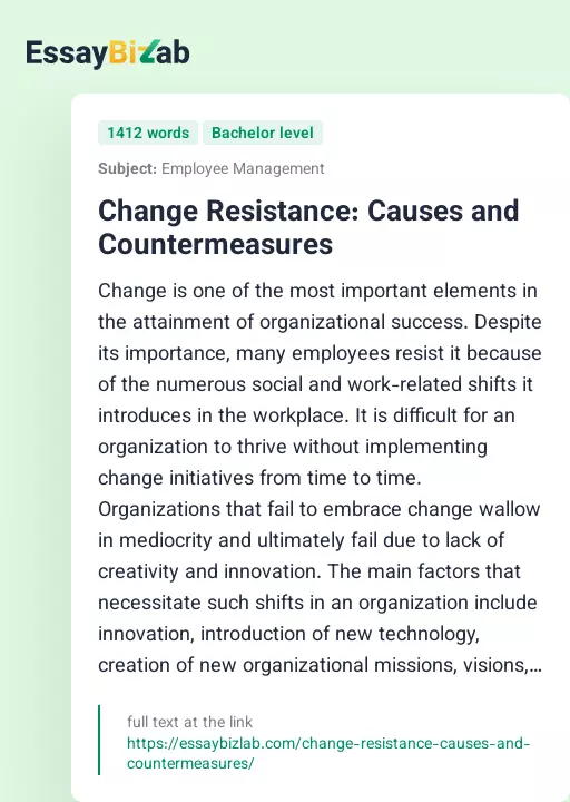 Change Resistance: Causes and Countermeasures - Essay Preview